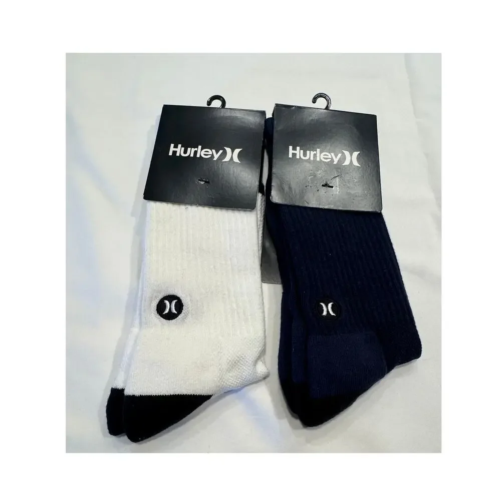Hurley Block Party Crew Socks‎ 2 Pair Bundle White Obsidian Navy Mens Large 8-12